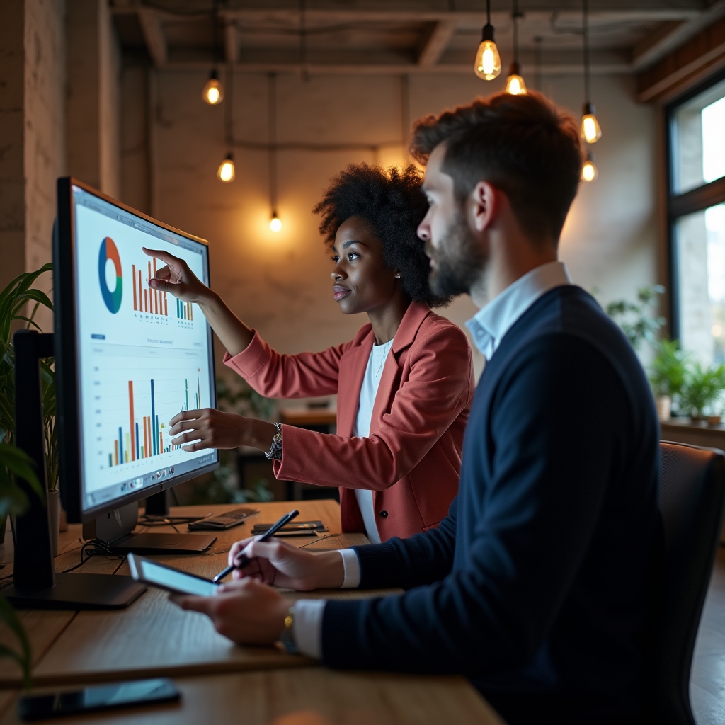 Marketing analyst comparing branded and non-branded search traffic charts on dual monitors